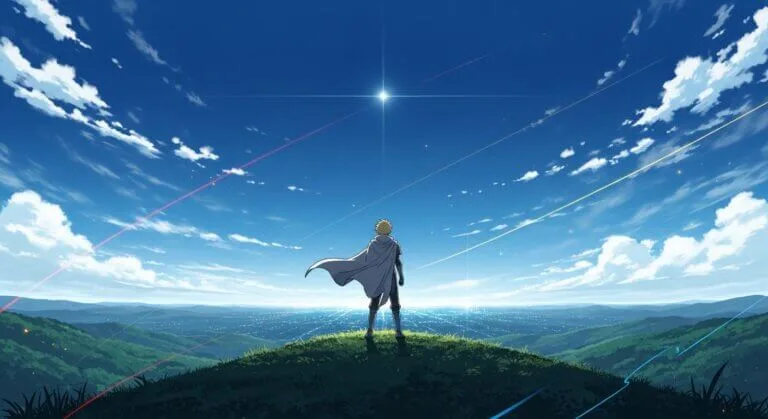 Epic anime-style hero standing on a sunlit hill with a flowing cloak, overlooking a colorful city under a bright blue sky – representing the rise of 2025’s most popular anime